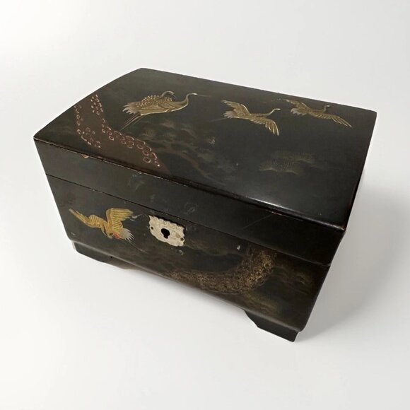 Vintage Japanese Black Enamel Musical Jewelry Box w/ Bronze Inlay – Beautiful - Picture 2 of 12